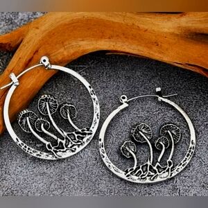 Silver Metal Mushroom Hoop Earrings